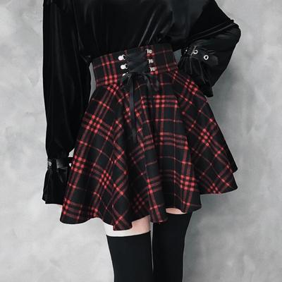 Gothic Lolita Skirt Women 2020 Spring Autumn Winter High Waisted Lace-up Short Plaid Wool Skirts Mini Tutu Femme