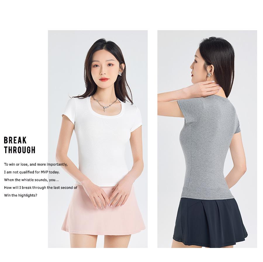 2025 Summer Slim Fit Women's Square Neck T-Shirt - Solid Color, Short Sleeves, Exposed Clavicle, Cotton Blend
