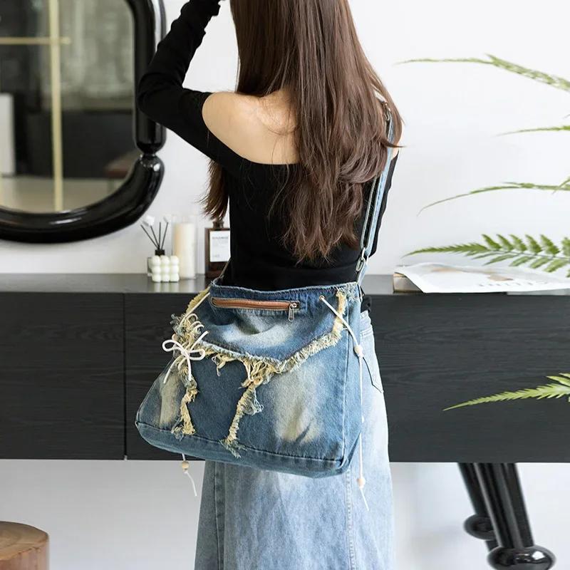 Washed Denim Women Shoulder Bag Large Capacity Student Zipper Messager Handbags