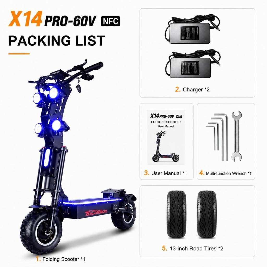 X14 Pro 5000W*2 Dual Motors Electric Scooter 60V 50Ah Lithium Battery 80km/h 120km Range 13-inch Off-road Tires