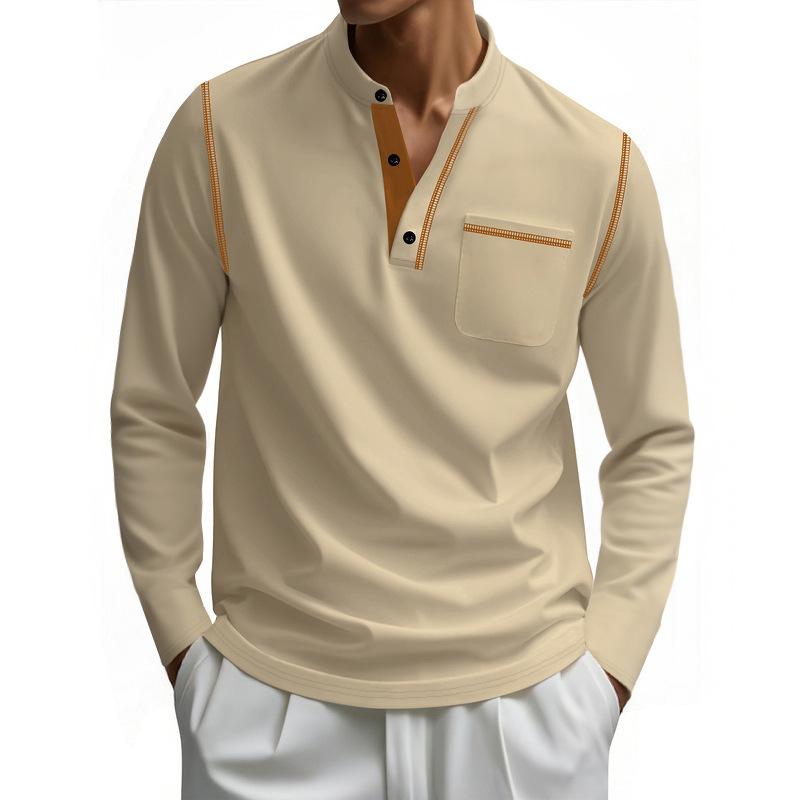 Spring and Summer Men's Long Sleeve Stand Neck Polo Polo Shirt Foreign Trade Solid Color Men's Bottom Long Sleeve