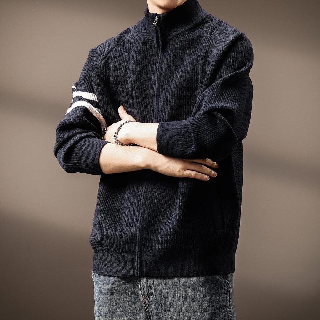 High-End American Trendy Men's 2025 Autumn/Winter Three-Stripe Knit Stand Collar Cardigan Sweater