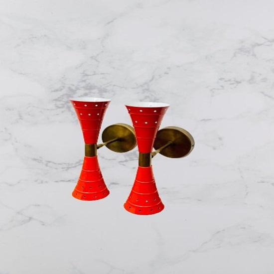 2 Pairs of Bulbs Pair of Wall Sconces, Mid Century Brass, Italian Diabolo Light, 1950's,