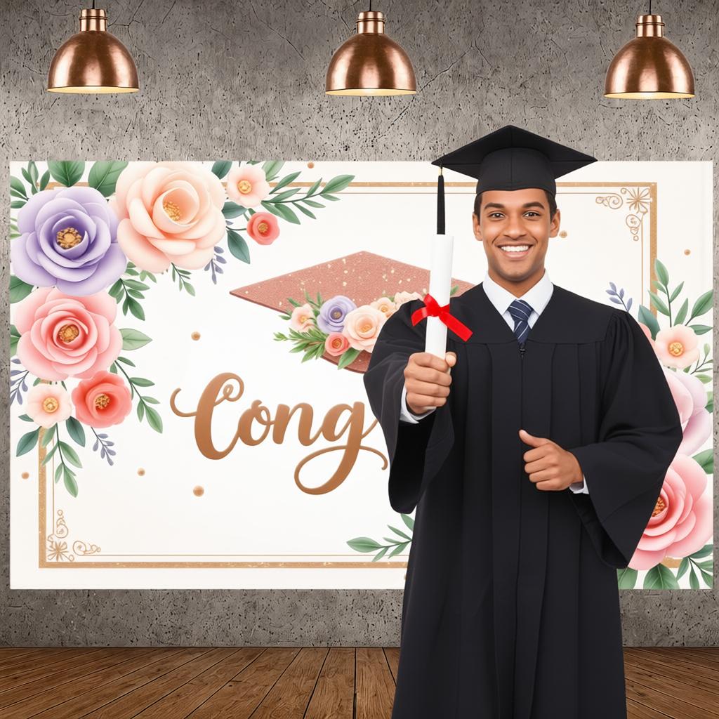 Graduation Celebration Banner Graduation Cap Design Commencement Display 2026 Class Banner Polka Dot Balloons For University