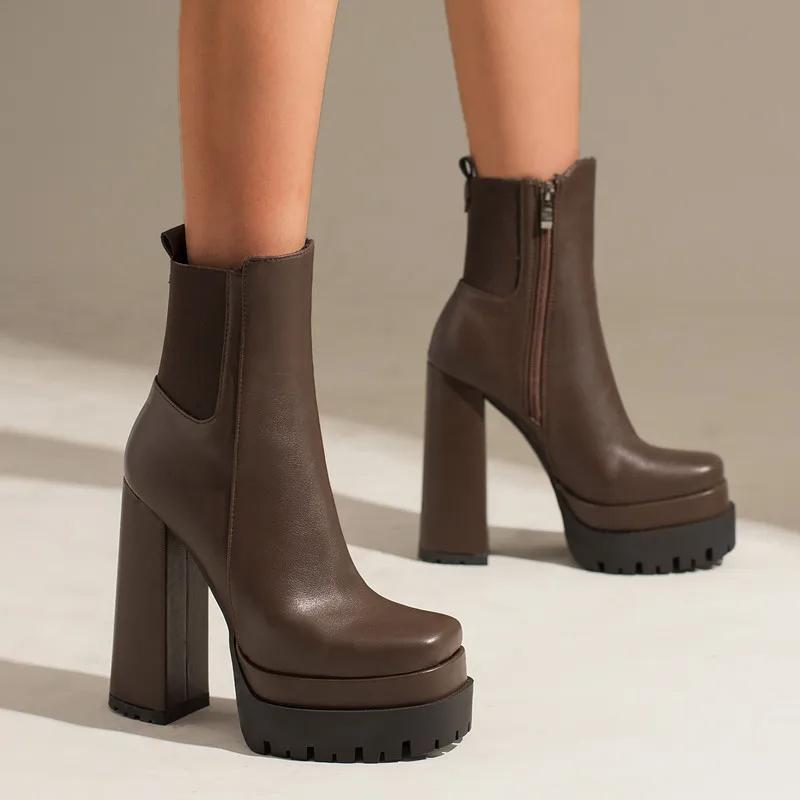 Women's Ankle Boots Platform Trends Black Short Boot Winter Autumn Leather Gothic Punk Heels Party Shoes Lady Large Size 45