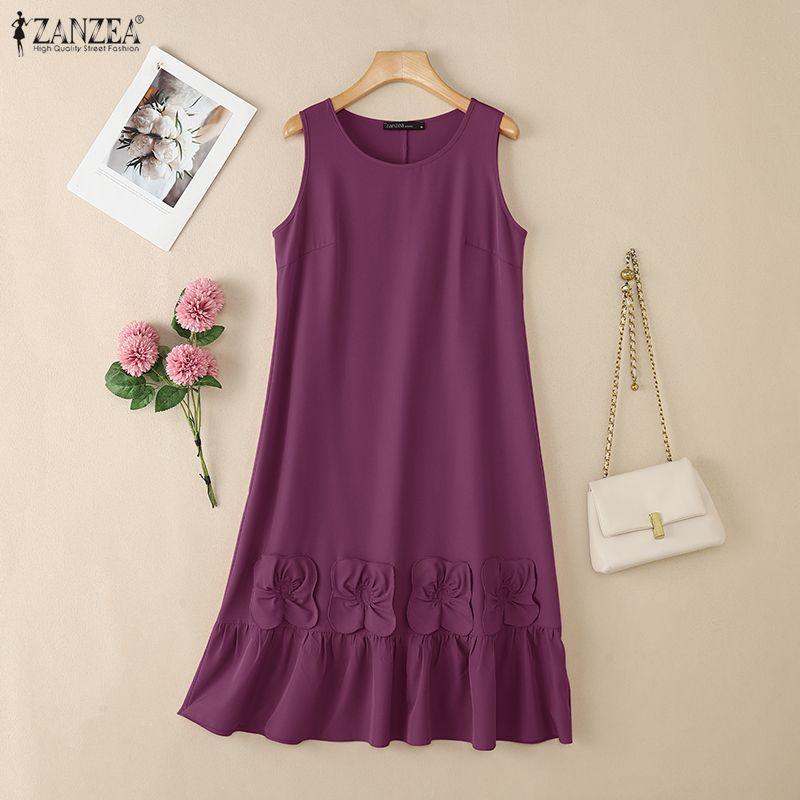 ZANZEA Women Casual Round Neck Summer Sleeveless Dress