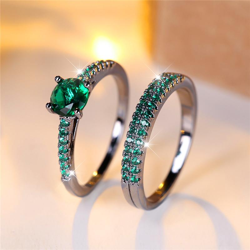 

Female Crystal Blue Zircon Stone Heart Engagement Ring Set Luxury Black Gold Color Wedding For Women 13 зелений