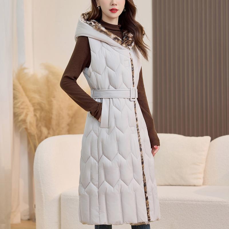 Fashion Winter Women's Long Warm Vest Hooded Thick Sleeveless Jackets Woman Coat With Belt