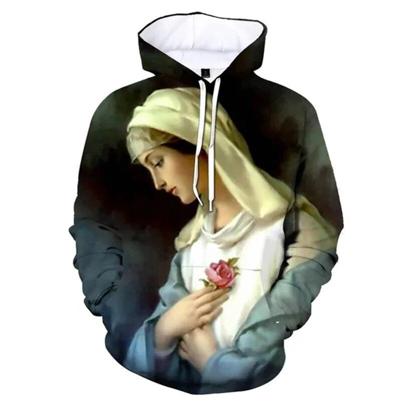 Sacred Heart Couple Hoodie, Men's Autumn Winter Fleece Sweatshirt, Classic Religious Pair Figure Print Pullover for Art Style Photo Shoots