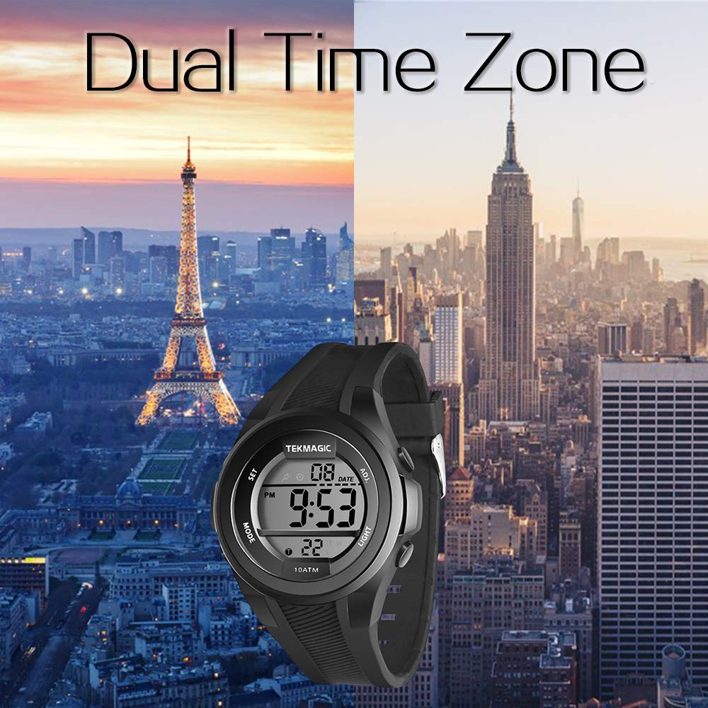 Boys' Watch for Swimming and Scuba Diving, 100m Underwater Stopwatch, Chronograph, Alarm, Dual Time Zone, 12/24 Hour Format