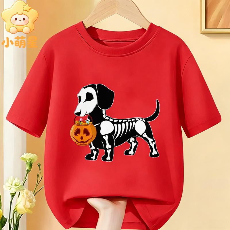 Halloween Skelett Dackel Kürbisdruck Kinder T-Shirt Reine Baumwolle Jungen Mädchen Kurzarm Rundhals Lässig Grafik Kinder Oberteile