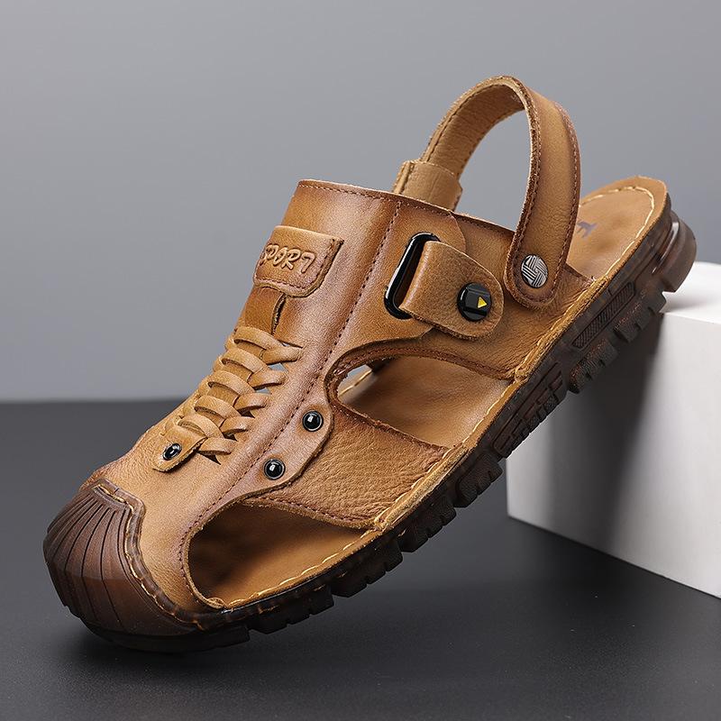 The first layer of cowhide bag head sandals, men's new genuine leather summer beach shoes, soft soles, beef tendon soles, and father's cool slippers f