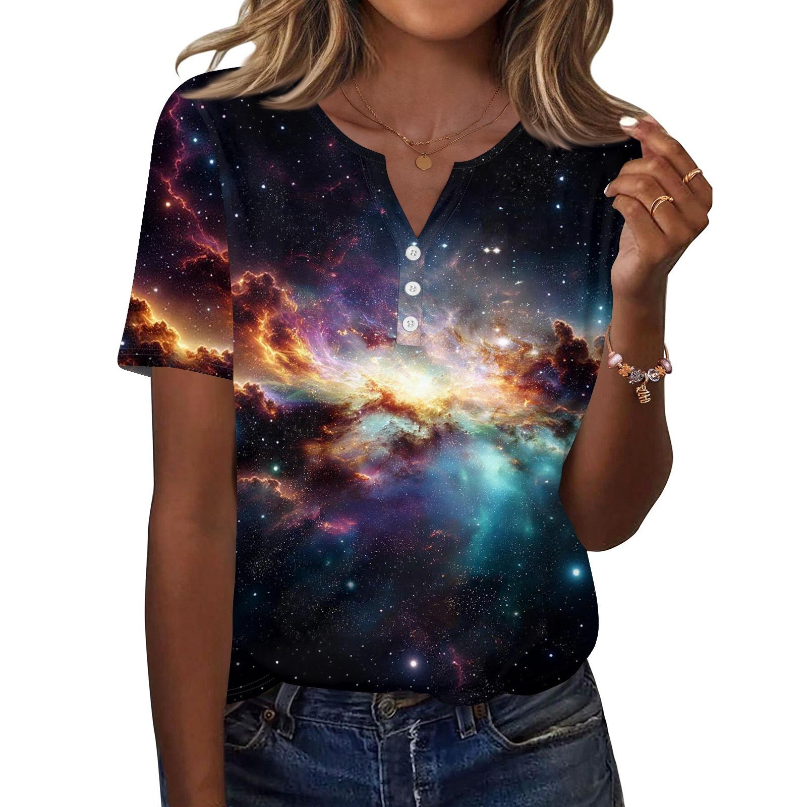 

Women s T Shirt Print Button Short Sleeve Daily Weekend Fashion Basic V, Neck Regular Top XXL золотий