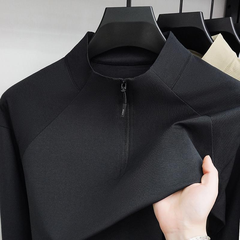 Spring Semi-Zipper Stand-Up Neck Sweater Men'S Long-Sleeved T-Shirt Solid Color Casual Sports Simple Top Men
