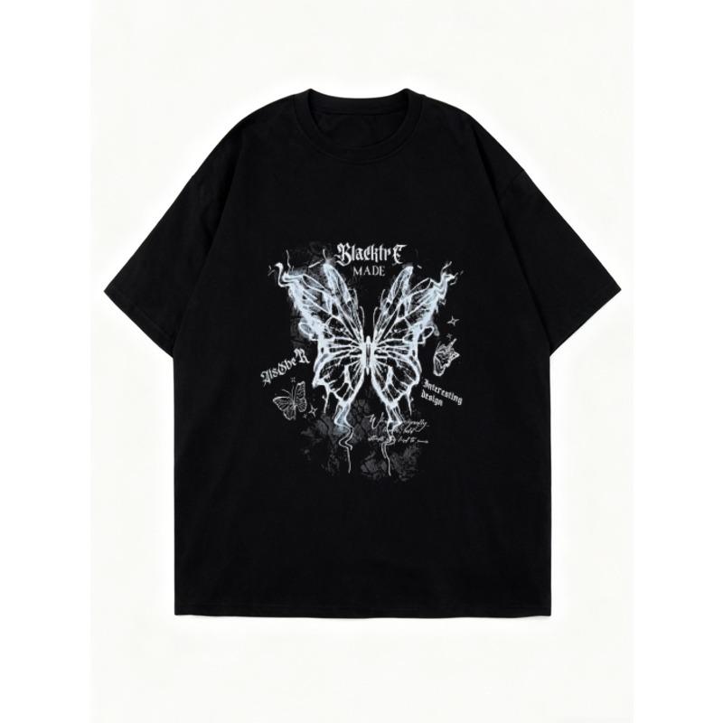 Oversized T Shirt Black Butterfly Graphic Print With Text Design For Casual Streetwear Fashion
