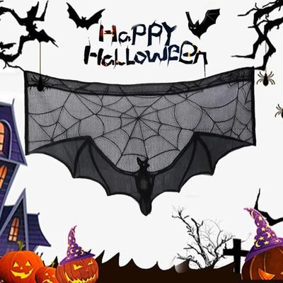 Halloween Lace Curtain Gothic Bat Tablecloth Fireplace Scarf Window Cover For Party Home Decoration Cobweb Halloween Wholesale