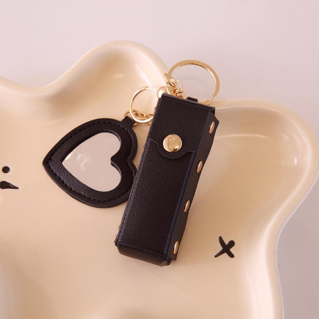 Heart-Shaped Mini Lipstick Keychain with Mirror: Portable Leather Holder for Girls
