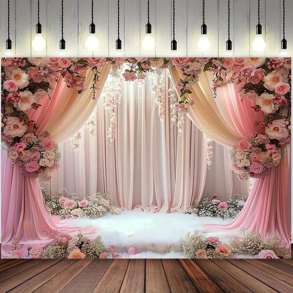 Rideaux de fond floraux roses romantiques en polyester, décorations de photobooth pour enterrements de vie de jeune fille, rendez-vous et mariages.