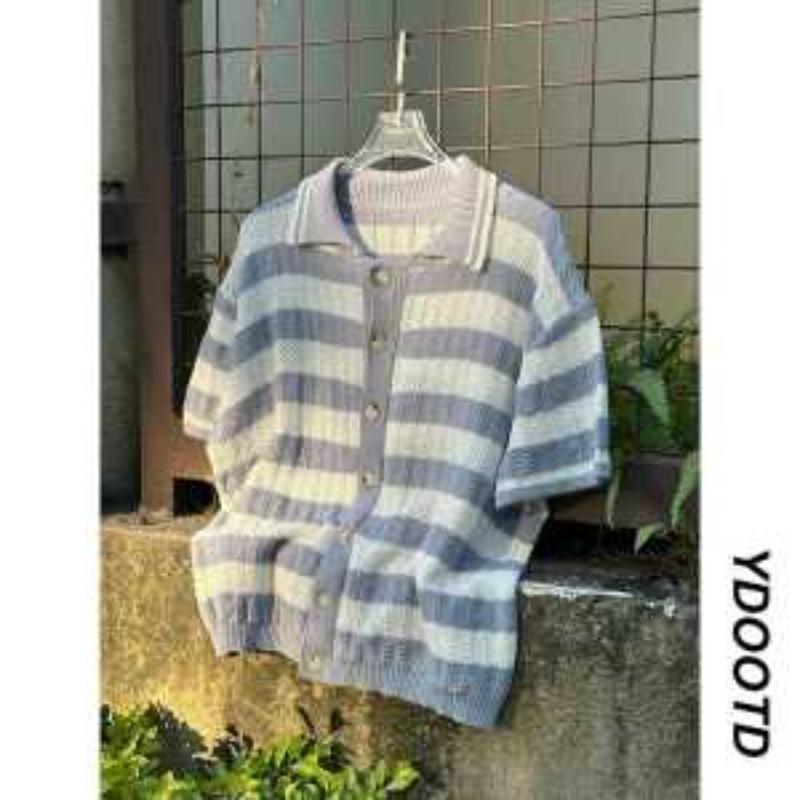 

Mens Striped Knit Short Sleeve Button Down Shirt L синий