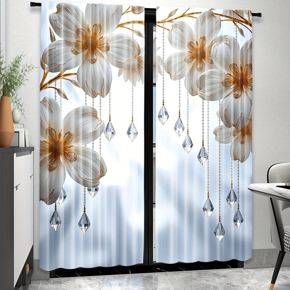 

Light Filtering Floral Crystal Print Polyester Door Curtains Bedroom Living Room Office Decor Curtain Set Of 2 Elegant Made With Rod Pocket Washable W100*H70(CM)-Hooks&2PCS