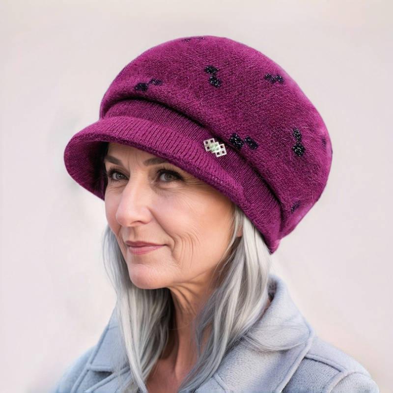 Elegancki dziergany kapelusz typu kaczy dziób z ochroną uszu dla kobiet, jesienno-zimowy, podszyty aksamitem