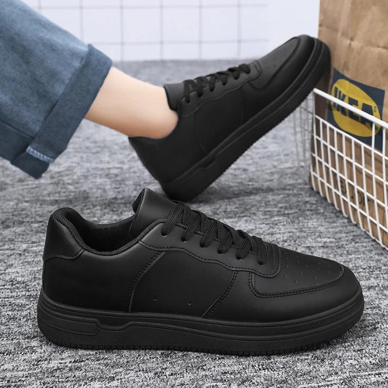 Men Outdoor Leather Shoes Flat Classic Black Sports Shoes Lace Up Skateboard Board Shoe Walking White Leisure Running Sneakers