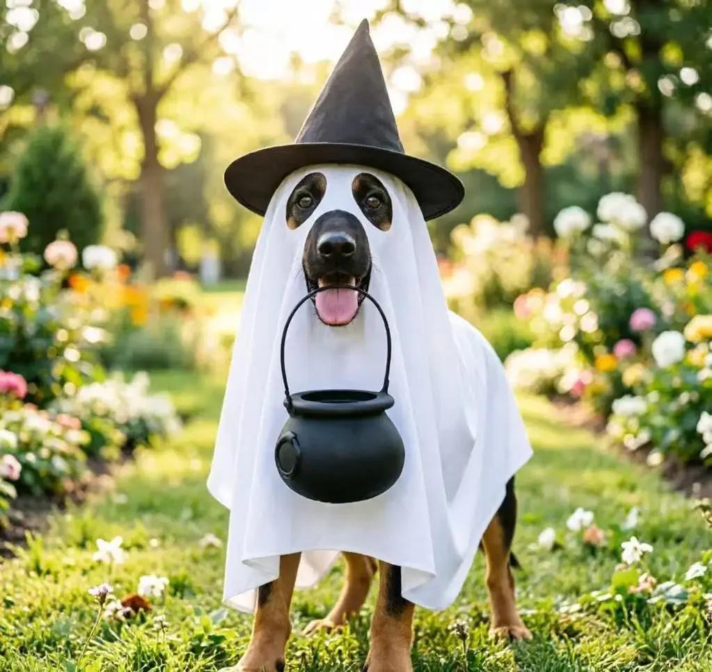 Halloween Dog Ghost Costume Pet Cosplay Cloak with Witch Hat Candy Pot Funny Puppy Outfit for Halloween Party Photo Prop Large