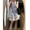 Sweet little fly sleeves blue dress women's summer milk sweet sister cute short skirt lace splicing Japanese cake skirt