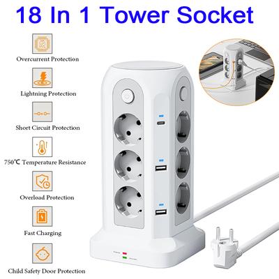 18 IN 1 Multi-socket Power Strip with 12 Outlet 4 USB 2 Type C 4 Switches Tower Socket Surge Protection 5M Extension Cord