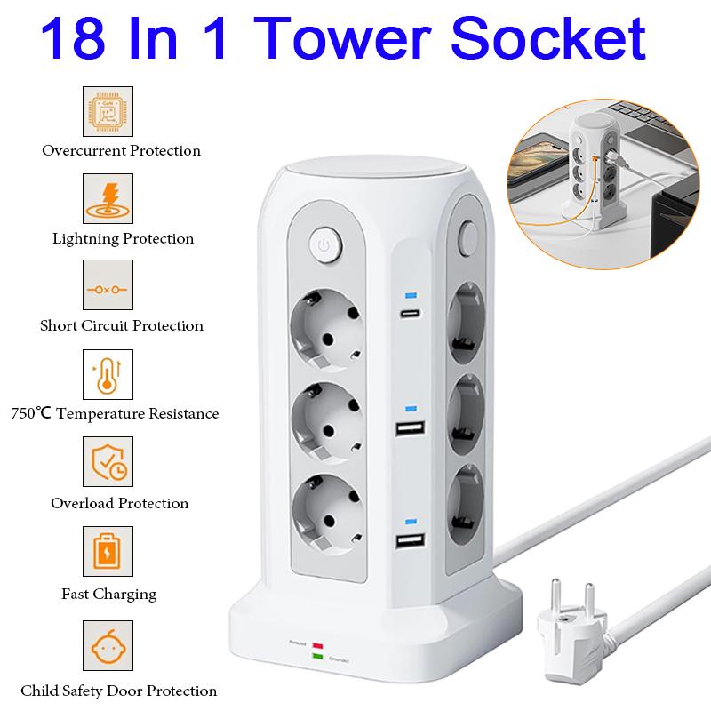 18 IN 1 Multi-socket Power Strip with 12 Outlet 4 USB 2 Type C 4 Switches Tower Socket Surge Protection 5M Extension Cord