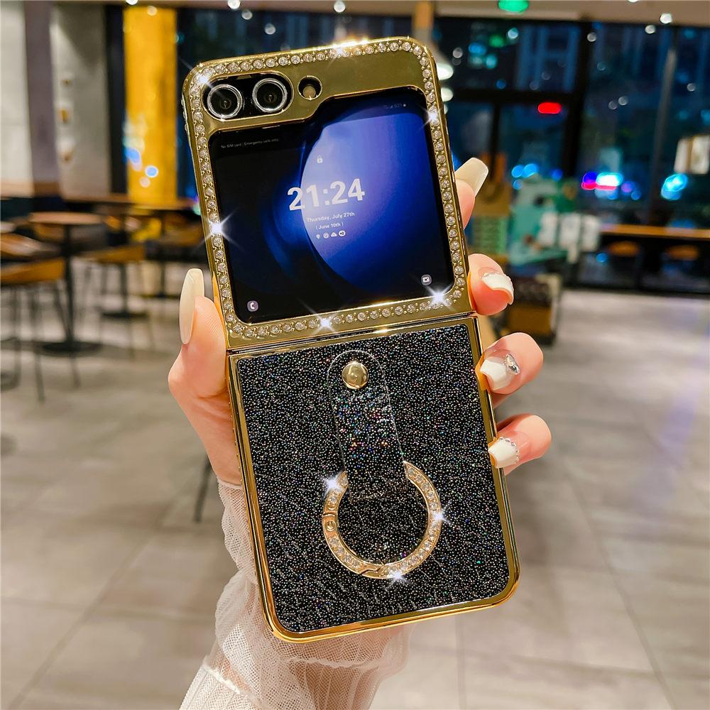 

Leather Plating Ring Phone Case For Samsung Galaxy Z Flip 7 6 Flip 5 Zflip 4 3 Bling Diamond Shockproof Cover Funda For Samsung Z Flip 6