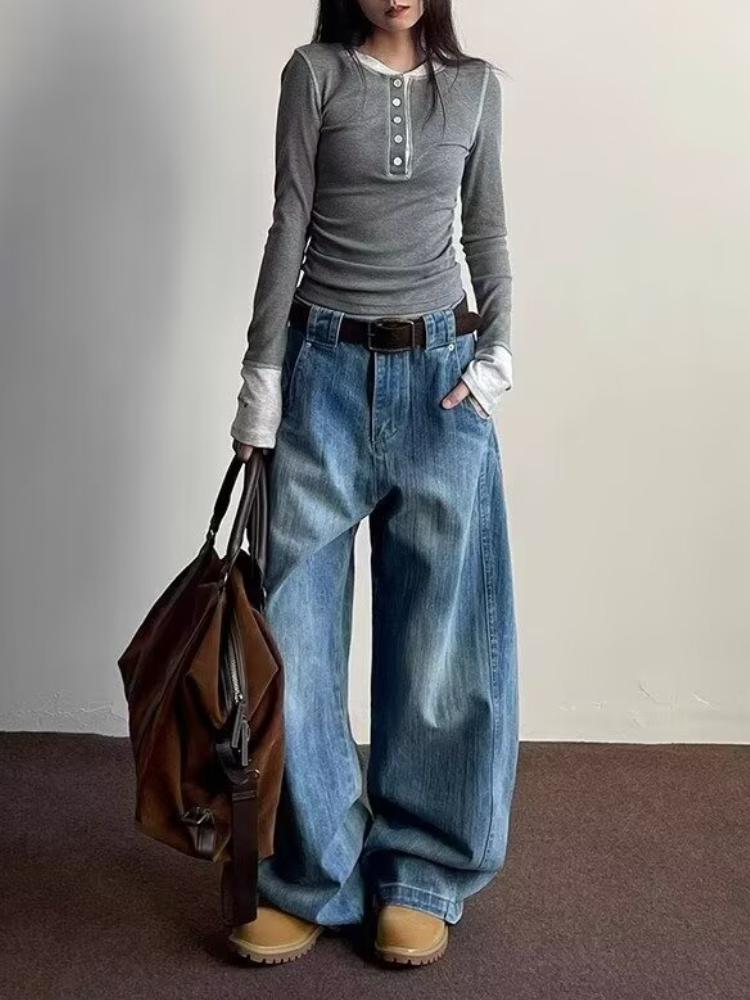American Vintage High Street Vasket Vidde Jeans Dame 90-talls Retro Løse Motedesign Bukser Koreansk Elegant Denim Bukser Ins