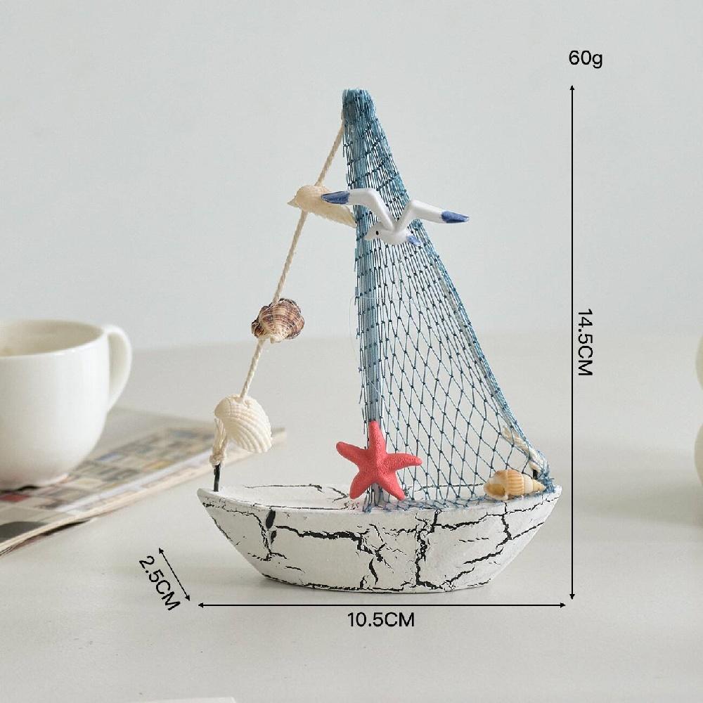 Mediterranean Wooden Sailboat Ornament Handcrafted Coastal Nautical Shelf Decor With Starfish Seagull Fishing Net Sails 2 Styles