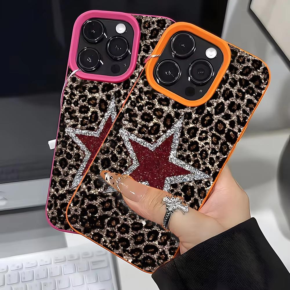 Leopard Print And Glitter Star Phone Case For iPhone 17 Pro Max 16 Plus 15 Pro 14 13 12 11 XR 17Air Lychee Textur Soft Cover