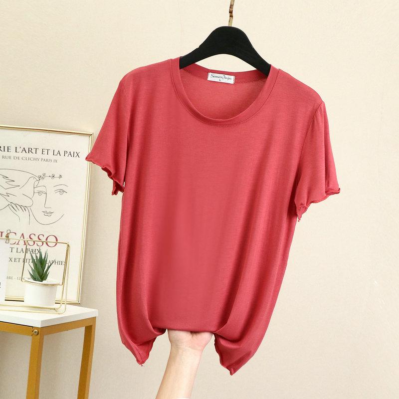 Women's Summer Modal Ruffle Trim T-shirt - Short Sleeve, Loose-Fit, Slimming Half Sleeve