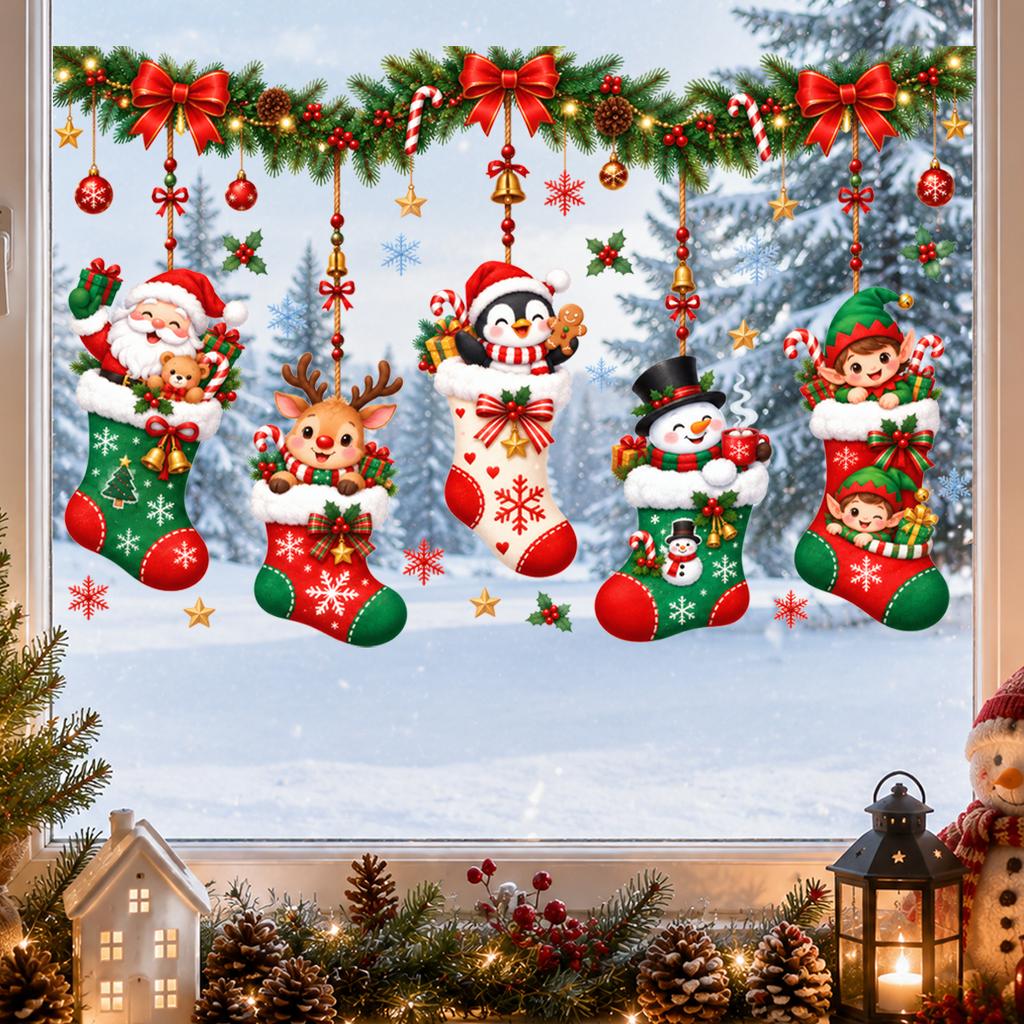 Christmas Window Stickers Holiday Decoration Static Cling Window Sticker Xmas Decor Snowman Santa Wall Decal