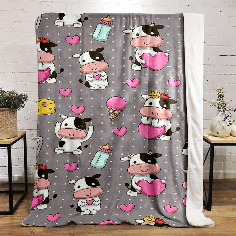 Cartoon Cow Heart Print Blanket bedroom Blanket for Livingroom Couch lunch break Soft throw for Friend's festival Gift