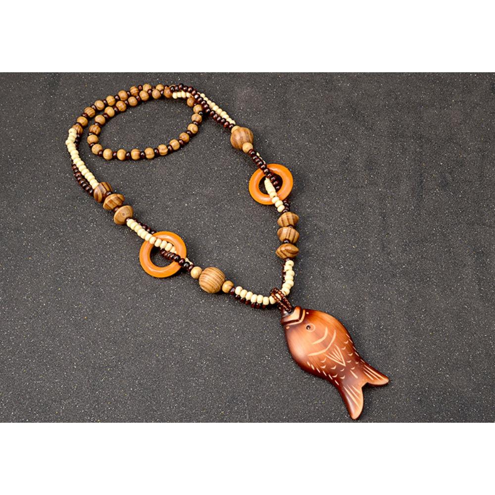 JMXD Handmade Wooden Fish Pendant Necklace Long Boho Beaded Sweater Chain Unisex Ethnic Retro Gift Lightweight Summer Trend
