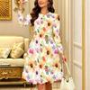 Women Long Sleeve Round Neck Midi Dress Abstract Ink Wash Floral Wave Print Flared Casual Dress