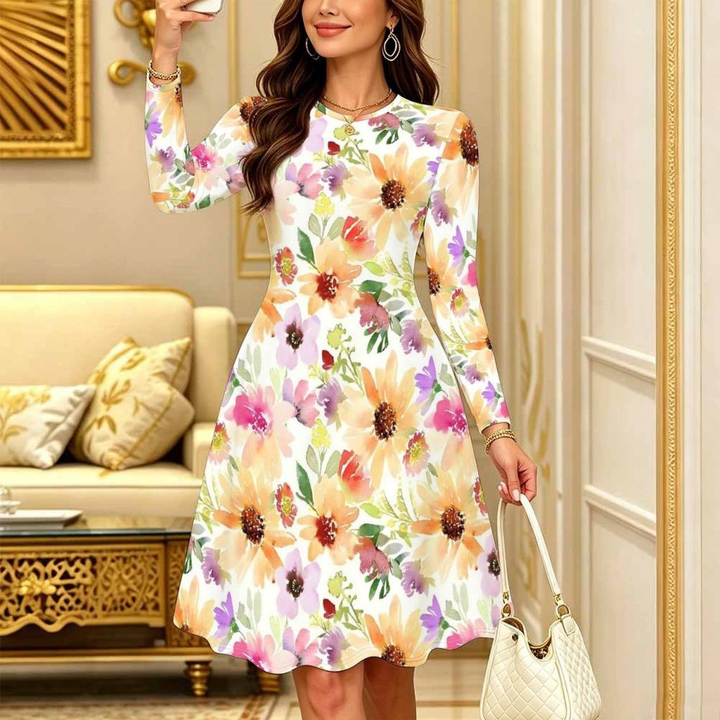 Women Long Sleeve Round Neck Midi Dress Abstract Ink Wash Floral Wave Print Flared Casual Dress