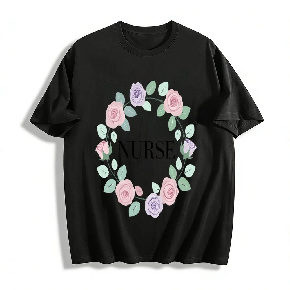 Floral Wreath Nurse Print Casual Comfortable Crew Neck T-Shirt Pure cotton T-shirt XXS