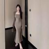 Spice Girl Solid Color T-shirt Dress Women's Autumn and Winter Long-sleeved Slim-fitting Skirt Waist Medium and Long Hip-wrapped Fishtail Skirt