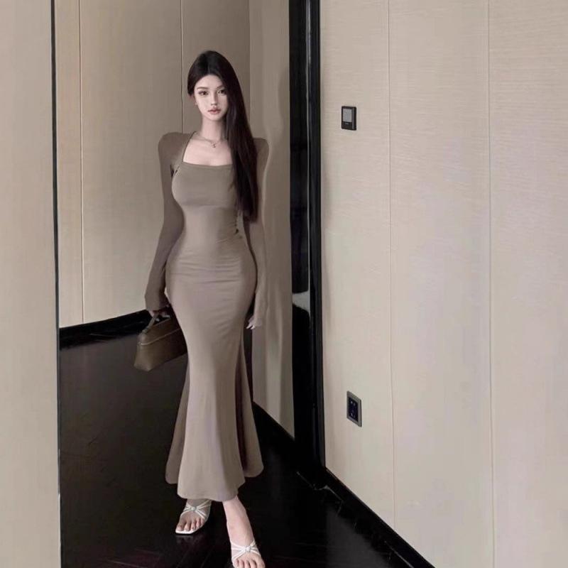 Spice Girl Solid Color T-shirt Dress Women's Autumn and Winter Long-sleeved Slim-fitting Skirt Waist Medium and Long Hip-wrapped Fishtail Skirt