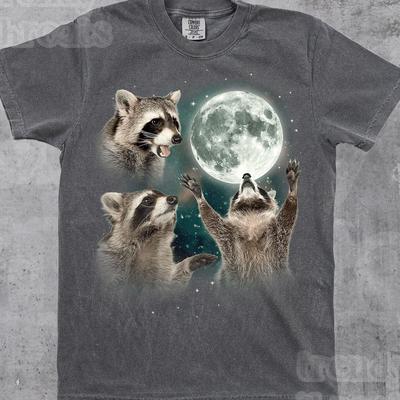 Drie Wasberen Vintage Grafisch T-shirt, Wasbeer Liefhebber Cadeau, Retro Wasbeer Maan T-shirt, Grappig Wasbeer T-shirt, Oversized Gewassen T-shirt, Unisex Shirt