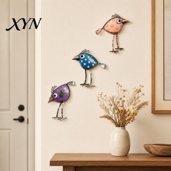 Leaf Pattern Bird Decor 3Pcs Wooden Birds Wall Art Decor, Distressed Hangings, Funny Long Leg Hanging Sculpture, Boho Farmhouse Decorations