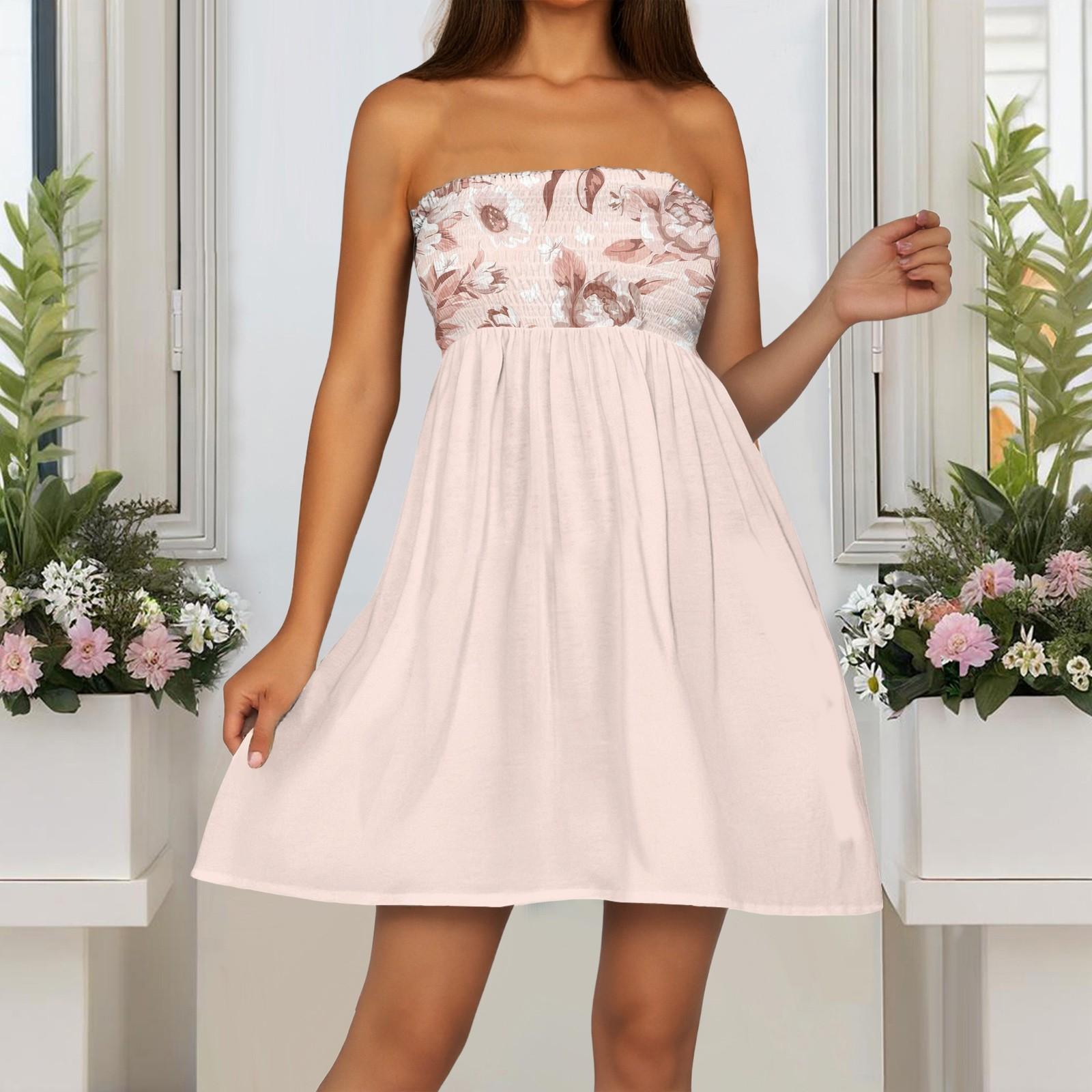 

Модное женское повседневное платье-бандо с цветочным принтом без рукавов XL бежевый