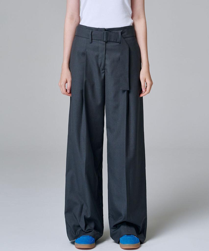 MALOUPE 2155 Single-Pleat Belted Wide Pants (Dark Gray)