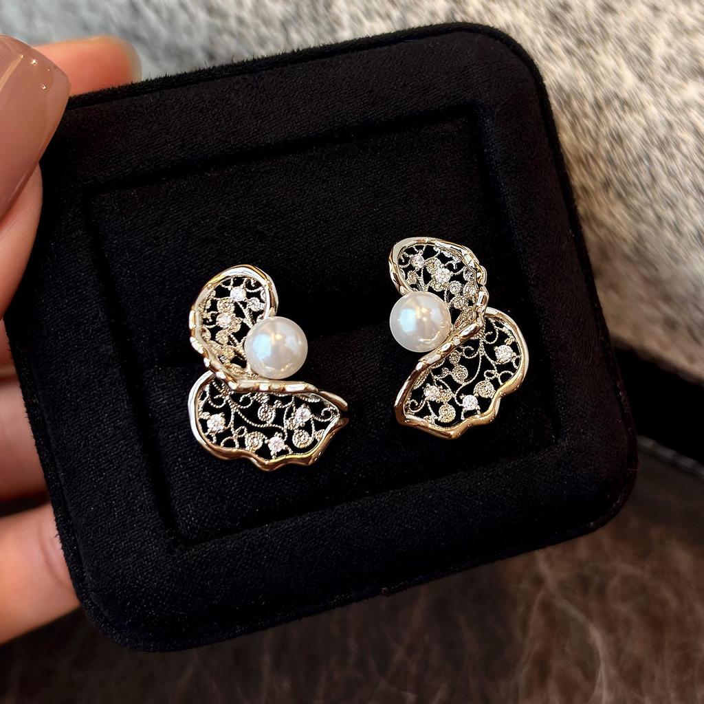 Gold-Plated Silver Zircon Pearl Stud Earrings - Chic High-End Style for Women