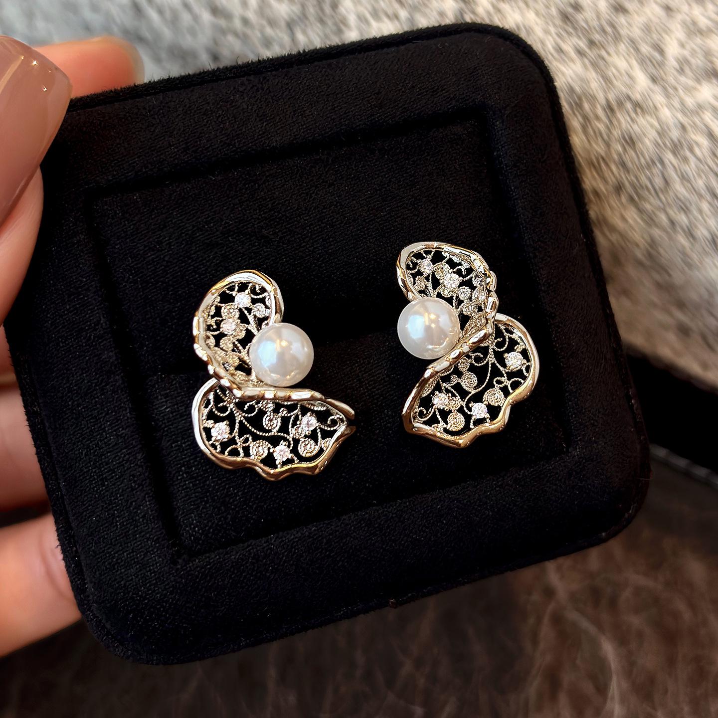 Gold-Plated Silver Zircon Pearl Stud Earrings - Chic High-End Style for Women