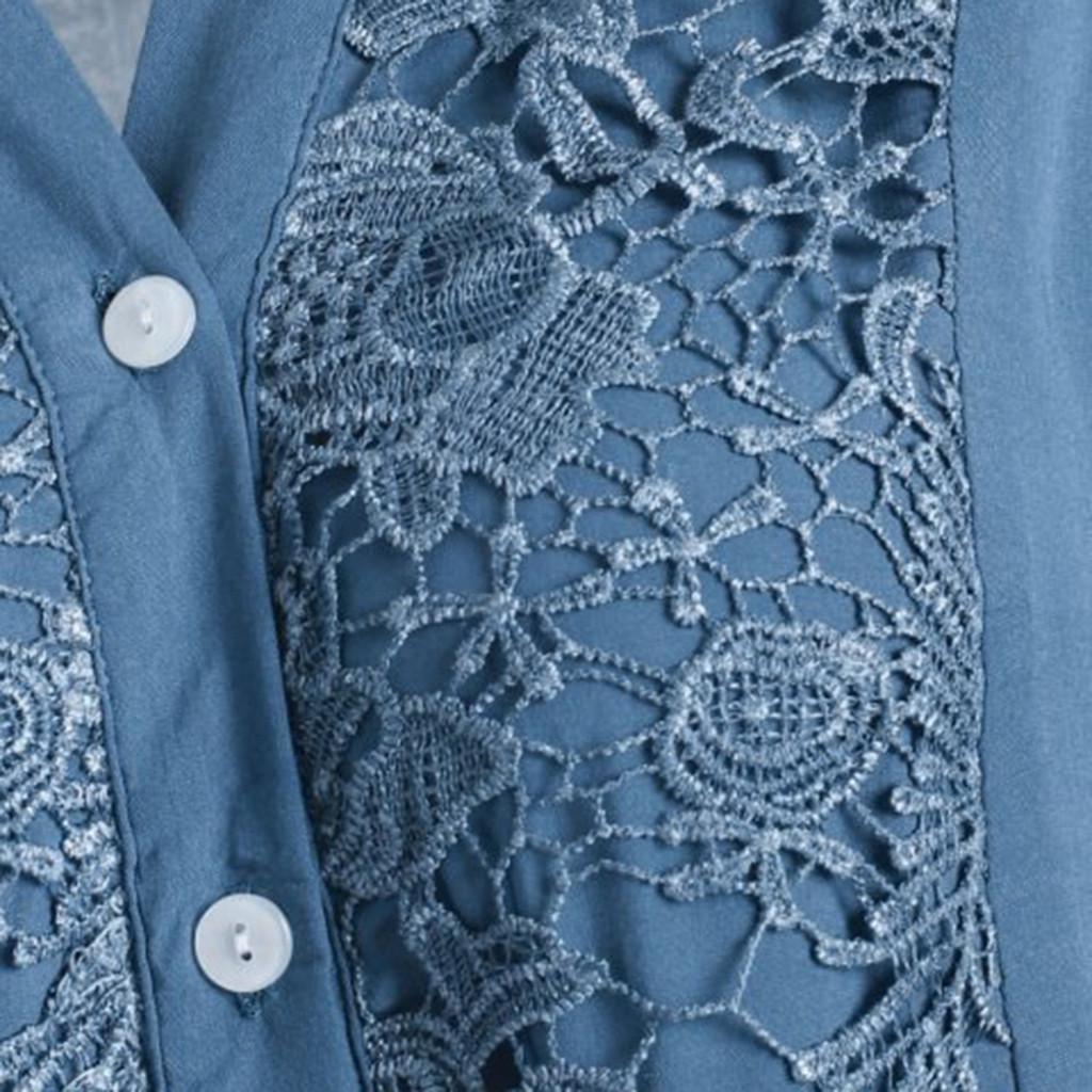 Women Ladies Large Size Button Lace V Neck Long Sleeve Shirt Blous